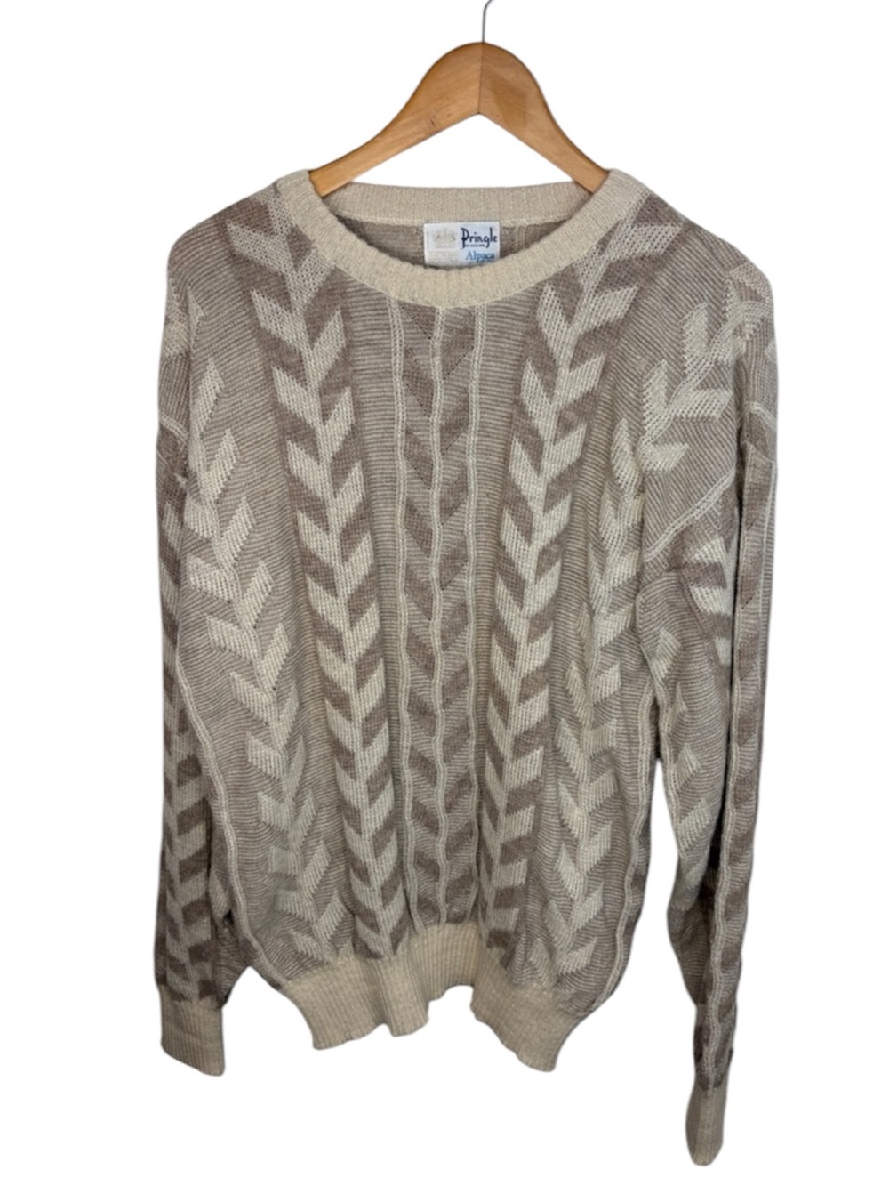 Vintage Pringle of Scotland 100% Alpaca Tan Geometric Knit Sweater Men Size L